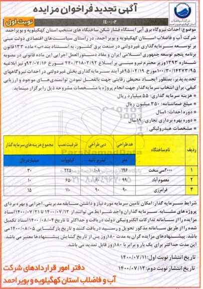 فراخوان احداث نیروگاه برق آبی ایستگاه فشار شکن ساختگاه های منتخب - تجدید