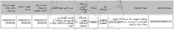مناقصه عمومی یک مرحله ای تجدید نگهداشت تاسیسات شبکه بهداشت و درمان تیران و کرون