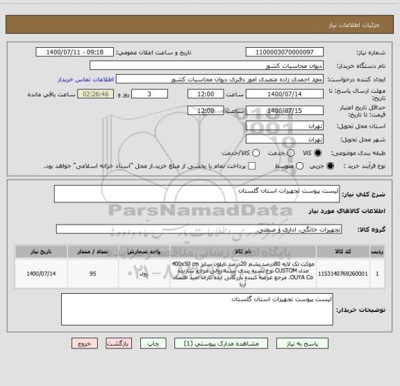 استعلام لیست پیوست تجهیزات استان گلستان 