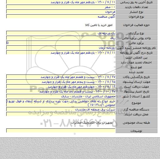 خرید انواع رله های حفاظتی یدکی جهت بهره برداری از شبکه انتقال و فوق توزیع ( عمومی ۱۴۰۰/۱-۱۷ )