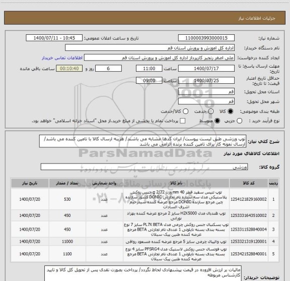 استعلام توپ ورزشی طبق لیست پیوست/ ایران کدها مشابه می باشند/ هزینه ارسال کالا با تامین کننده می باشد/ ارسال نمونه کار برای تامین کننده برنده الزامی می باشد