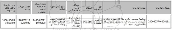 مناقصه عمومی یک مرحله ای بهره برداری و نگهداری تاسیسات آب روستایی شهرستان های هویزه ، سوسنگرد