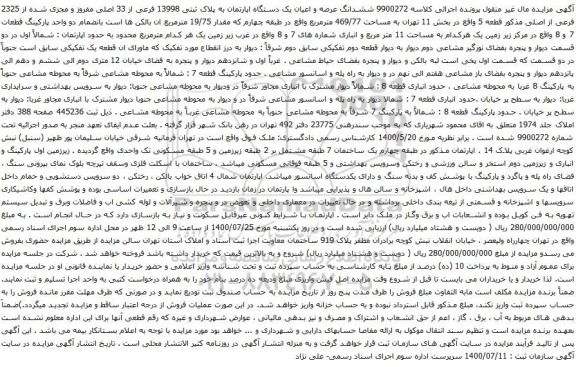آگهی مزایده ششدانگ عرصه و اعیان یک دستگاه اپارتمان به پلاک ثبتی 13998 فرعی از 33 اصلی