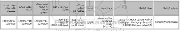مناقصه عمومی همزمان با ارزیابی (فشرده) دو مرحله ای انواع مقره 20کیلوولت پلیمری14001138