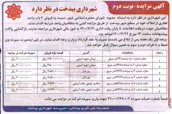 آگهی مزایده مزایده فروش 6 باب واحد تجاری نوبت دوم