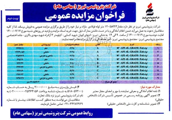 فراخوان مزایده عمومی, فراخوان مزایده لوله ....- نوبت دوم 