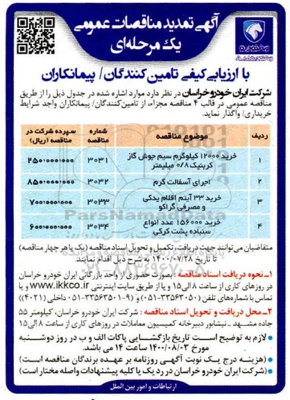تمدید مناقصه،تمدید مناقصه خرید 12000 کیلوگرم سیم جوش گاز کربنیک  و...