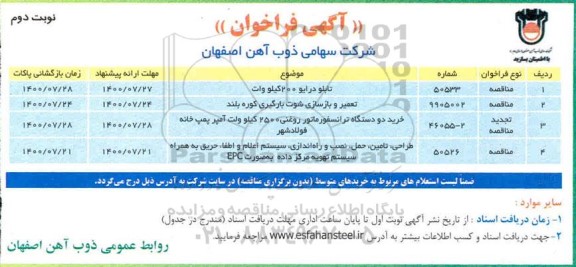 مناقصه تابلو درایو 200 کیلو وات ... - نوبت دوم