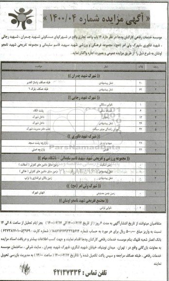 مزایده،مزایده واگذاری 14 باب واحد تجاری
