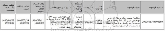 مناقصه عمومی یک مرحله ای خرید لوله پلی اتیلن 90،110 و 160 م م ( مربوط به طرح اصلاح و بازسازی شبکه و تاسیسات آب شهر شوش) 