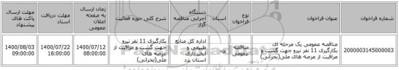 مناقصه عمومی یک مرحله ای بکارگیری 11 نفر نیرو جهت گشت و مراقبت  از عرصه های ملّی(بحرانی)          