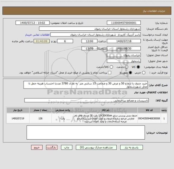 استعلام خرید جدول با ارتفاع 50 و عرض 30 و ضخامت 15 سانتی متر  به تعداد 3780 عددبا احتساب هزینه حمل تا محل شهررشتخوار 