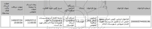 فراخوان ارزیابی کیفی اجرای خطوط اصلی آب و تکمیل تاسیسات تقویت فشار منیوحی شهرستان آبادان