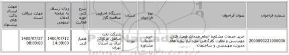خرید خدمات مشاوره انجام خدمات همیار فنی, مهندسی و نظارت کارگاهی مورد نیاز پروژه های مدیریت مهندسی و ساختمان