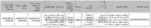 مناقصه عمومی همزمان با ارزیابی (فشرده) یک مرحله ای خرید لوله و اتصالات پلی اتیلن دوجداره کاروگیت با اتصال کوپلر سرخود قطر 600 و 800 میلیمتر و تحویل در محل انب