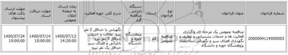 مناقصه عمومی یک مرحله ای واگذاری فعالیت ها و خدمات پشتیبانی و تنظیف و نگهداری فضای سبز و نگهبانی ساختمان پژوهشگاه حوزه و دانشگاه