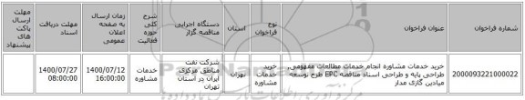 خرید خدمات مشاوره انجام خدمات مطالعات مفهومی, طراحی پایه و طراحی اسناد مناقصه EPC طرح توسعه میادین گازی مدار