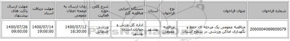 مناقصه عمومی یک مرحله ای حفظ و نگهداری اماکن ورزشی در سطح استان