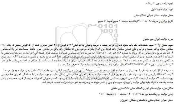مزایده ششدانگ یک باب مغازه تجاری