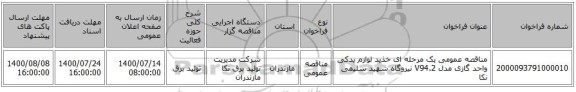 مناقصه عمومی یک مرحله ای خذید لوازم یدکی واحد گازی مدل V94.2 نیروگاه شهید سلیمی نکا