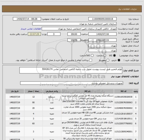 استعلام لوازم التحریر طبق لیست پیوست تحویل درب شعبه 2تامین اجتماعی تماس 55426174