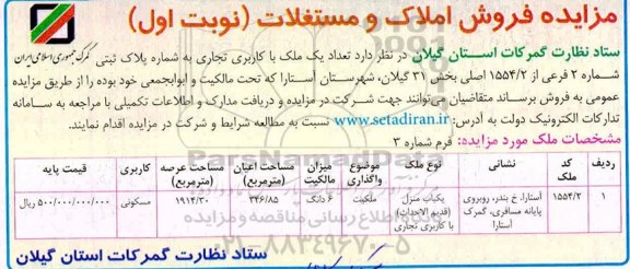 مزایده مزایده فروش املاک و مستغلات نوبت اول 