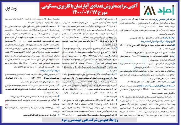 مزایده مزایده فروش شش واحد آپارتمان با کاربری مسکونی و بایر نوبت اول 