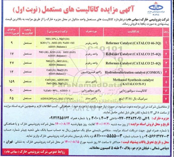مزایده کاتالیست های مستعمل واحد متانول
