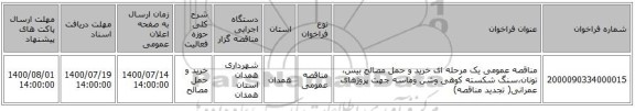 مناقصه عمومی یک مرحله ای خرید  و حمل مصالح بیس، تونان،سنگ شکسته کوهی وشن وماسه جهت پروژهای عمرانی( تجدید مناقصه)