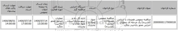 مناقصه عمومی همزمان با ارزیابی (فشرده) یک مرحله ای عملیات اجرایی محور باباحیدر چلگرد
