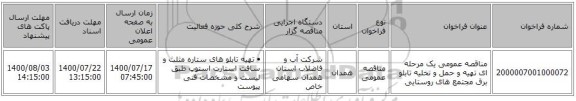 مناقصه عمومی یک مرحله ای تهیه و حمل و تخلیه تابلو برق مجتمع های روستایی