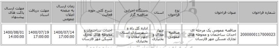 مناقصه عمومی یک مرحله ای احداث ساختمان و محوطه های تجاری مسکن مهر فارسان