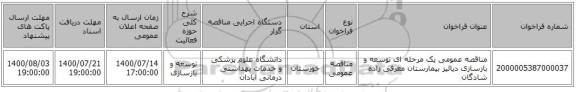 مناقصه عمومی یک مرحله ای توسعه و بازسازی دیالیز بیمارستان معرفی زاده شادگان