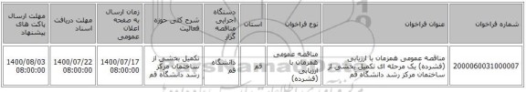 مناقصه عمومی همزمان با ارزیابی (فشرده) یک مرحله ای تکمیل بخشی از ساختمان مرکز رشد دانشگاه قم