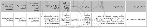 مناقصه عمومی همزمان با ارزیابی (فشرده) یک مرحله ای عملیات برق رسانی و توسعه فیدر پست جدید سیمکان در شهرستان جهرم