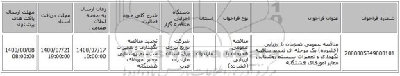 مناقصه عمومی همزمان با ارزیابی (فشرده) یک مرحله ای تجدید مناقصه نگهداری و تعمیرات سیستم روشنایی معابر امورهای هشتگانه 