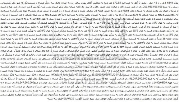 آگهی مزایده پلاک 6248 فرعی از 42 اصلی بخش 9 آمل به مساحت 170.55 متر مربع