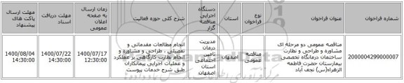 مناقصه عمومی دو مرحله ای مشاوره و طراحی و نظارت ساختمان درمانگاه تخصصی بیمارستان حضرت فاطمه الزهراء(س) نجف آباد 
