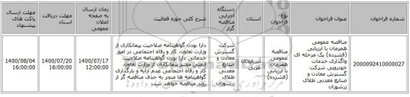 مناقصه عمومی همزمان با ارزیابی (فشرده) یک مرحله ای واگذاری خدمات خودرویی  شرکت گسترش معادن و صنایع معدنی طلای زرشوران