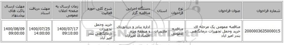مناقصه عمومی یک مرحله ای خرید وحمل تجهیزات درمانگاهی بندر امیر اباد 