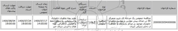 مناقصه عمومی یک مرحله ای خرید متمرکز 30 تن غذای پیش مولدین و مولدین ماهیان خاویاری  موجود در مراکز بازسازی و حفاظت از ذخایر ژنتیکی آبزیان