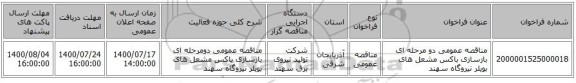 مناقصه عمومی دو مرحله ای بازسازی باکس مشعل های بویلر نیروگاه سهند