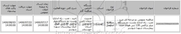 مناقصه عمومی دو مرحله ای خرید ، نصب ، راه اندازی وتست دو دستگاه چیلر تراکمی 130 تنی هوای خنک بیمارستان شهدا شوشتر