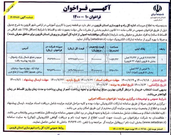 مزایده،مزایده دو قطعه زمین با کاربری آموزشی 