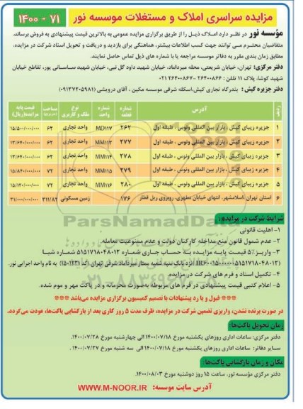 مزایده،مزایده فروش املاک کاربری تجاری و مسکونی