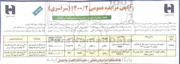 مزایده،مزایده فروش دو باب املاک مسکونی و کارگاه نوبت اول
