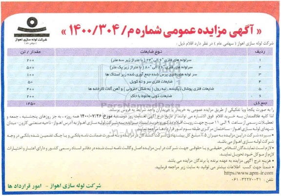 مزایده سرلوله های فلزی ...
