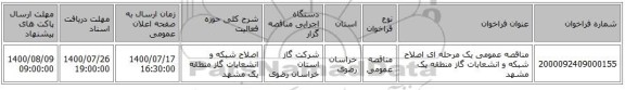 مناقصه عمومی یک مرحله ای اصلاح شبکه و انشعابات گاز منطقه یک مشهد