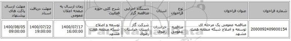 مناقصه عمومی یک مرحله ای توسعه و اصلاح شبکه منطقه هفت مشهد