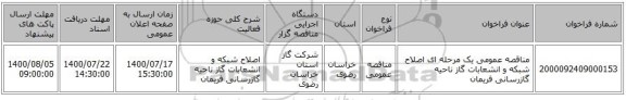 مناقصه عمومی یک مرحله ای اصلاح شبکه و انشعابات گاز ناحیه گازرسانی فریمان